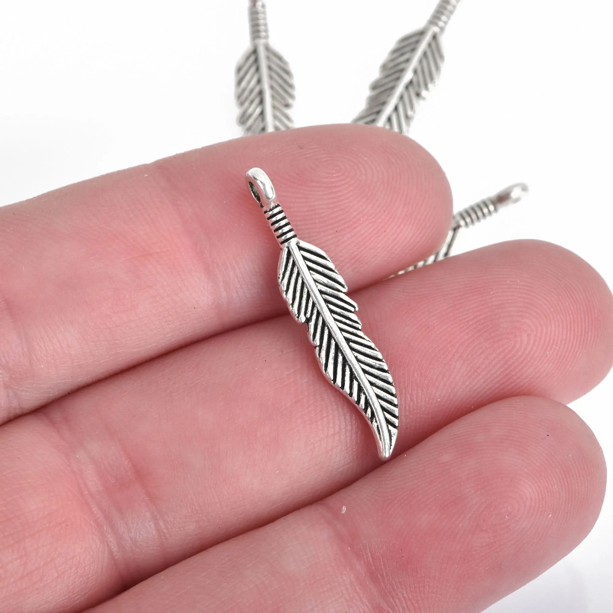 10 Silver FEATHER Charms, 29x6mm, 1-1/8" long, chs3930