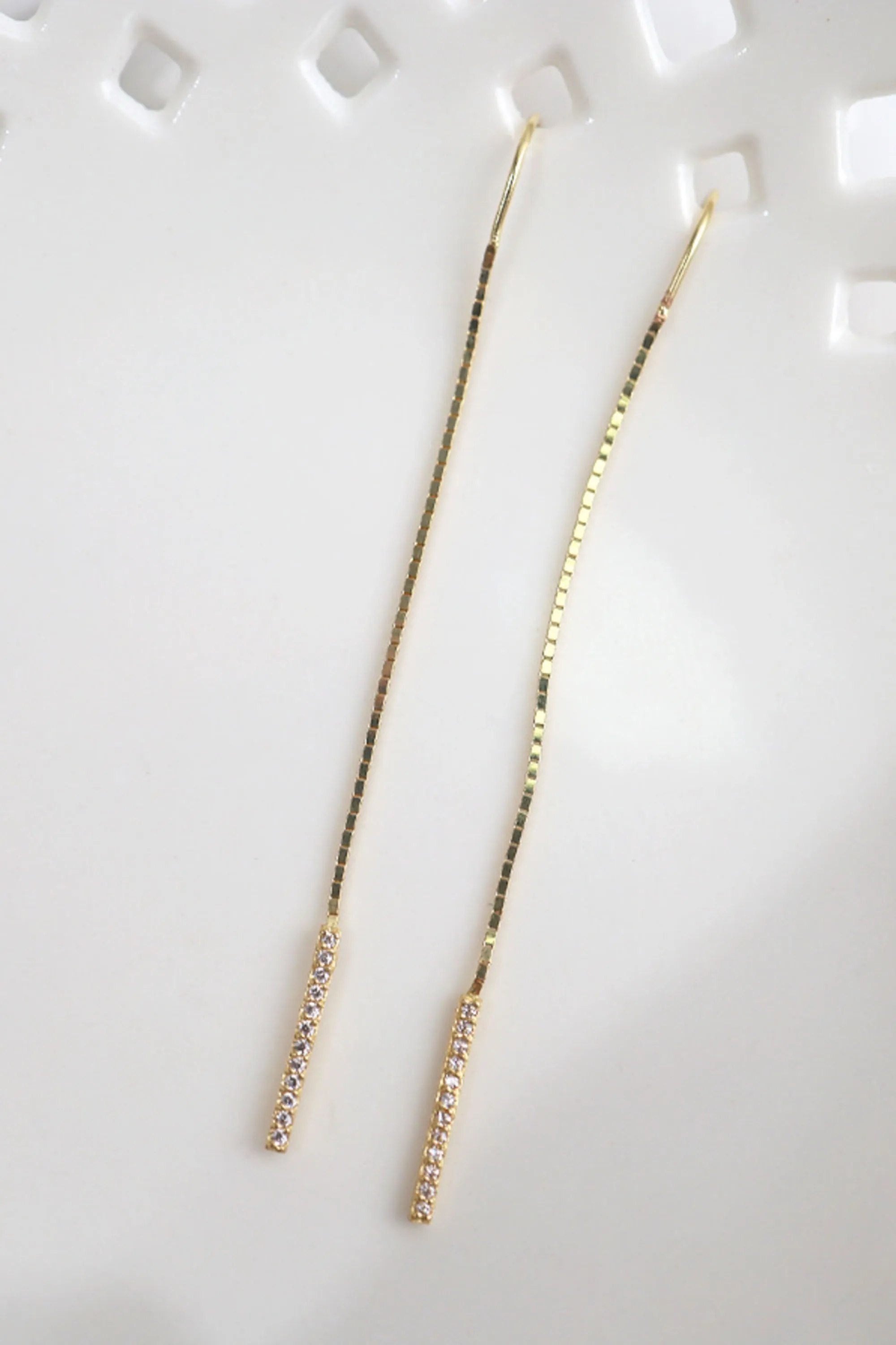 14k Solid Gold Box Chain CZ Dangle Threader Earring
