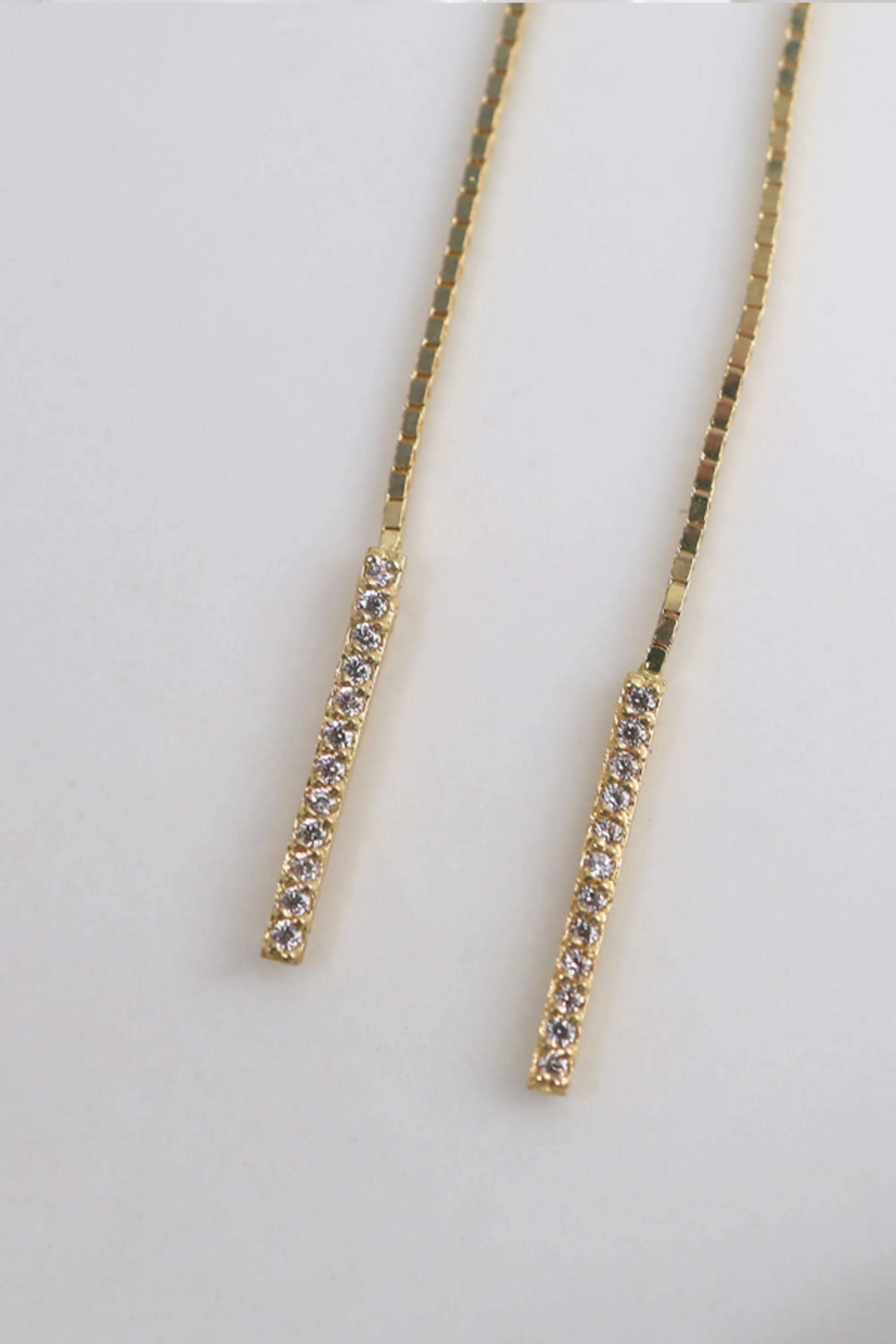 14k Solid Gold Box Chain CZ Dangle Threader Earring