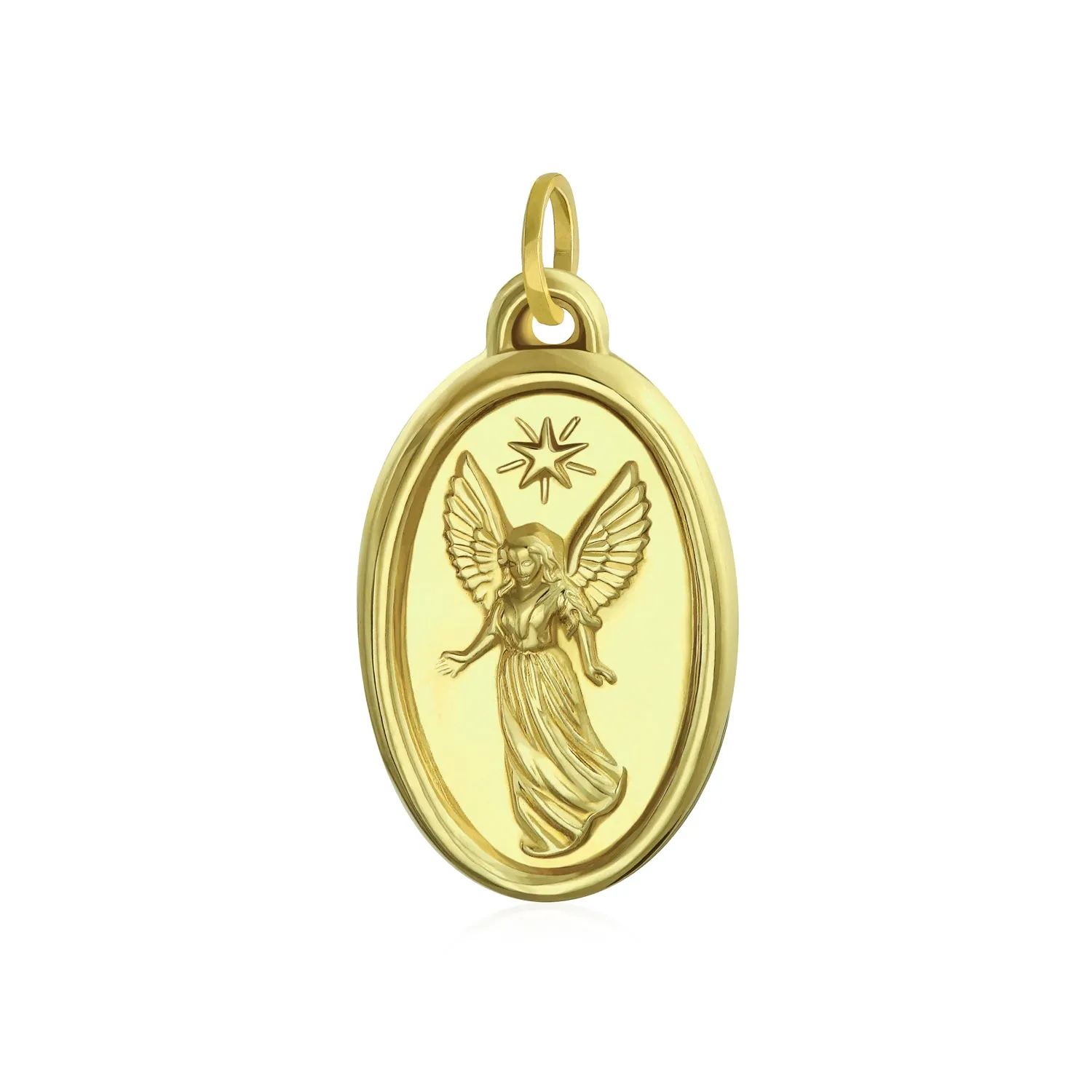 14K Yellow Gold Guardian Angel Oval Medal Pendant Necklace (No Chain)