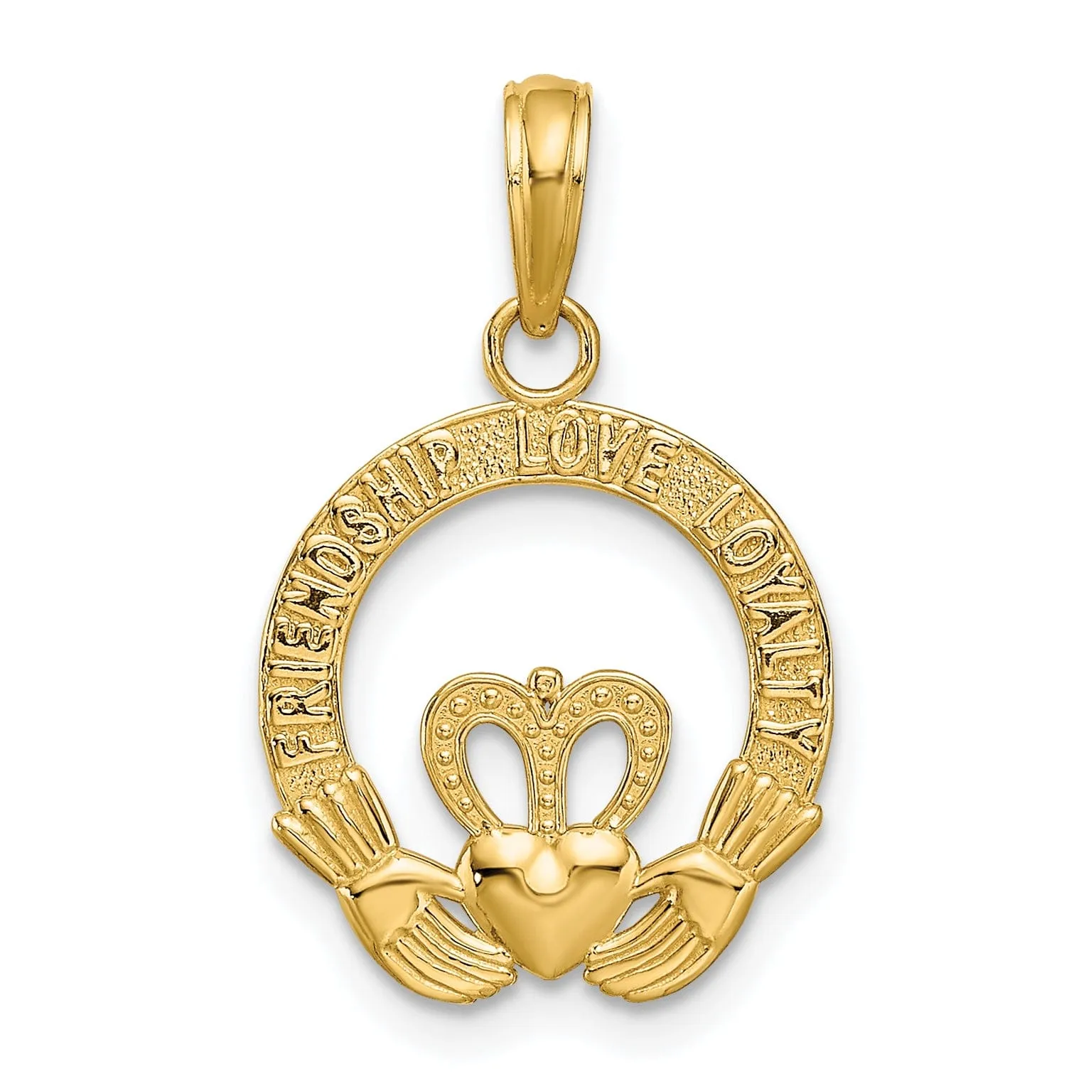14k Yellow Gold Textured Satin Diamond Cut Flat-Backed Engraved Friendship Love Loyalty Claddagh Design Charm Pendant