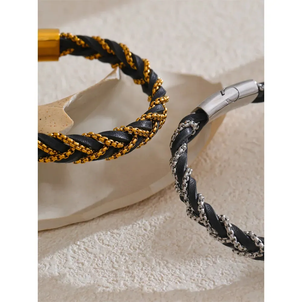 18K Gold-Plated  68mm Braided Leather Bracelet