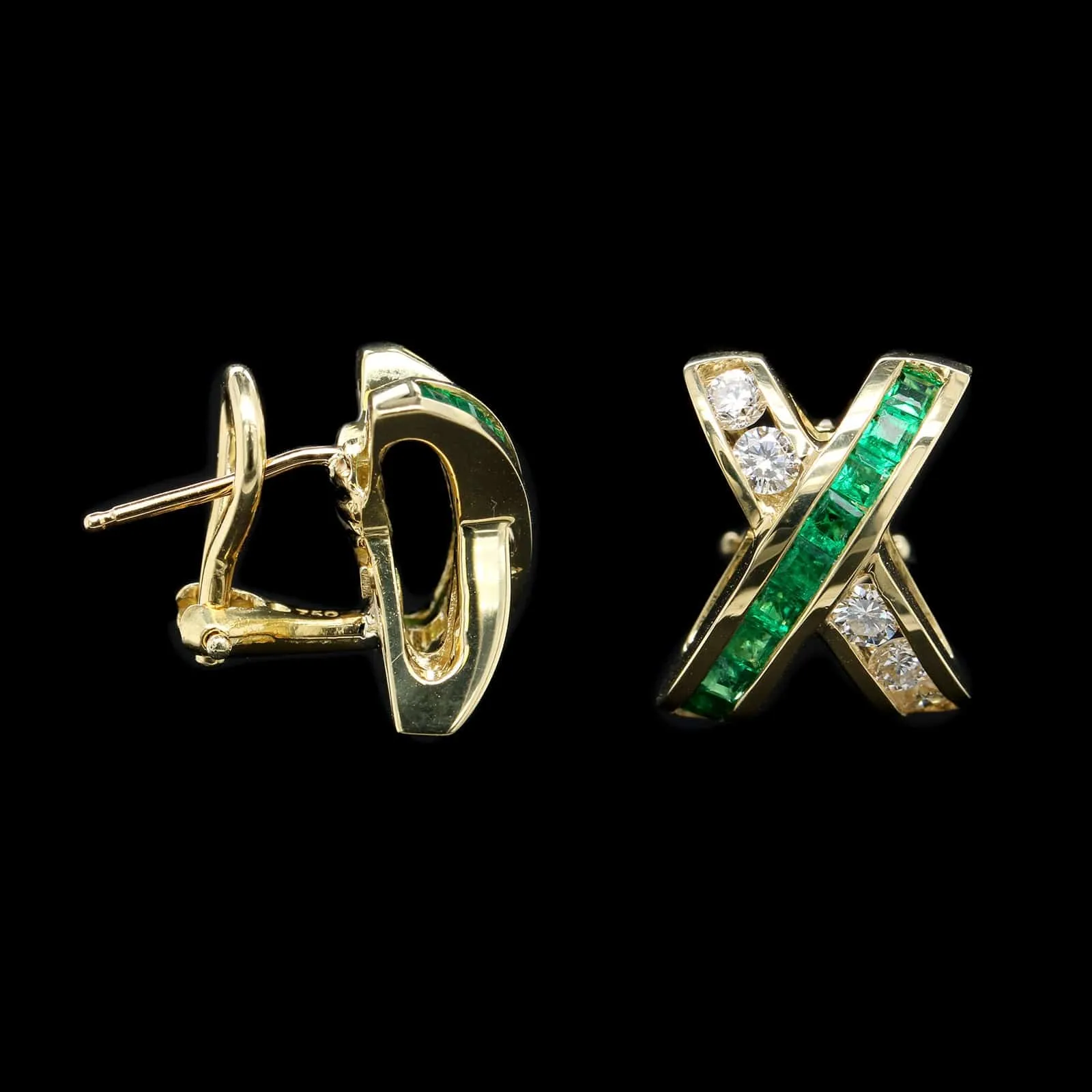 18K Yellow Gold Estate Emerald and Diamond Earrings