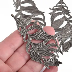 2 Large Gunmetal Filigree FEATHER Charms 3-1/4" long chs4227
