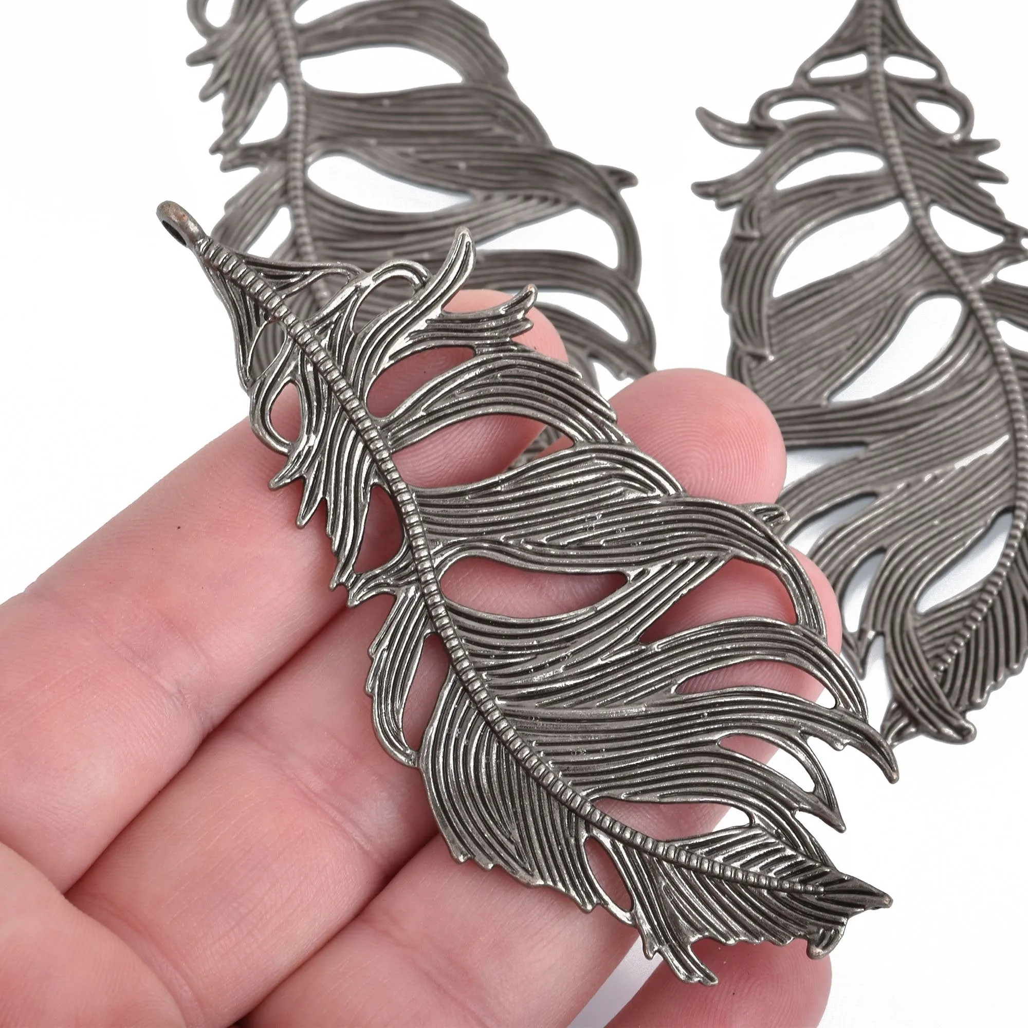 2 Large Gunmetal Filigree FEATHER Charms 3-1/4" long chs4227