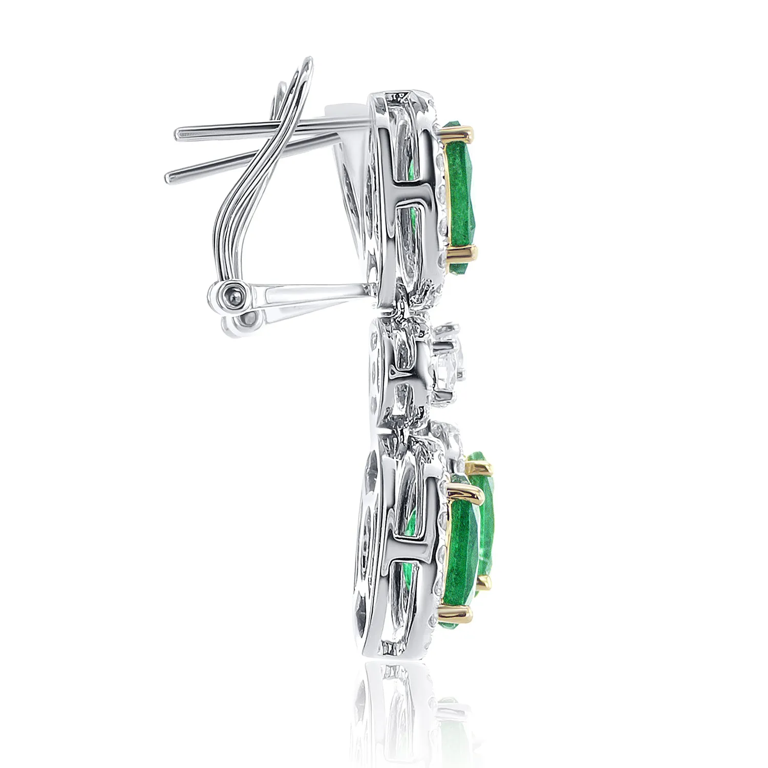 4.57 Carat Natural Emerald Oval And 1.20 Carat Round Dangle Earrings in 18K White Gold