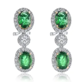 4.57 Carat Natural Emerald Oval And 1.20 Carat Round Dangle Earrings in 18K White Gold