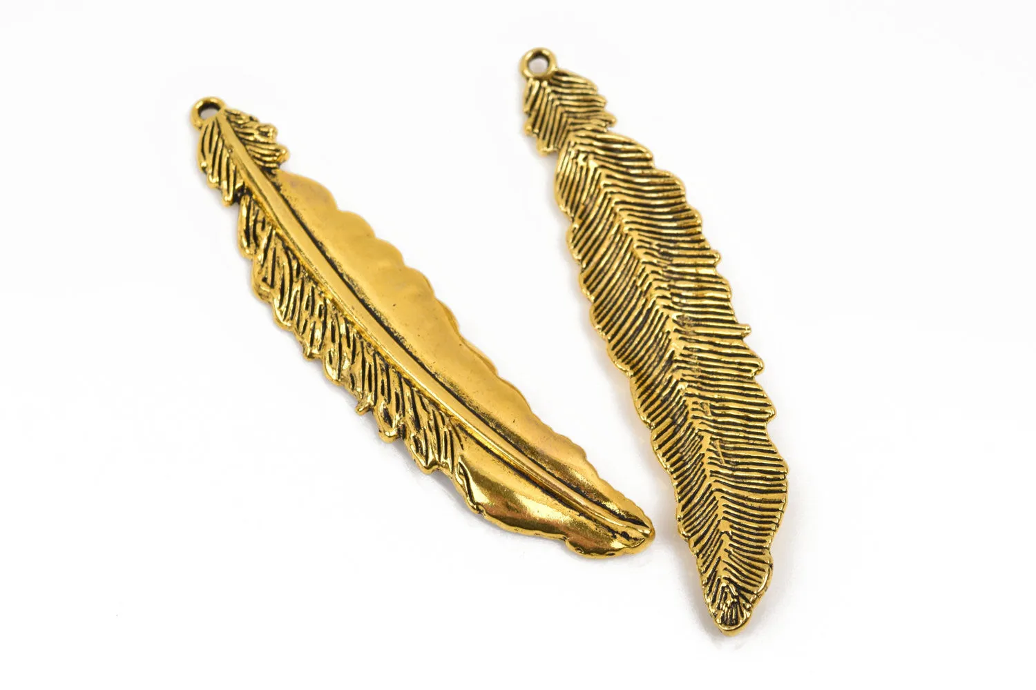5 Gold FEATHER Charms, Gold oxidized charms, 77x16mm, 3" long chg0597