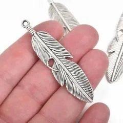 5 Silver FEATHER Charms, Oxidized Silver metal charms, Silver feather pendants, 61x15mm, 2-3/8" long chs2848