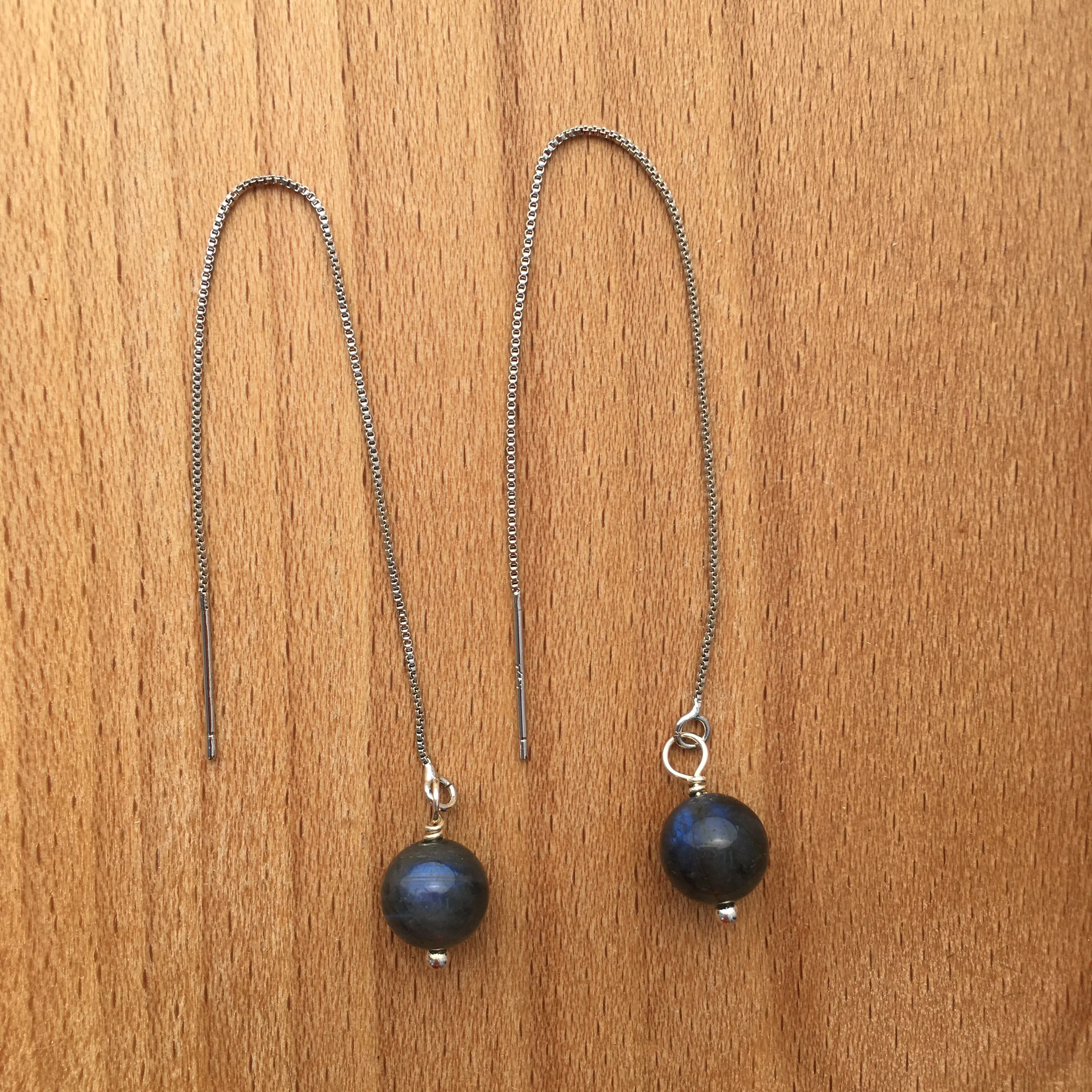 AAA Blue Flash Black Labradorite Silver Plated Threader Earrings, Pair