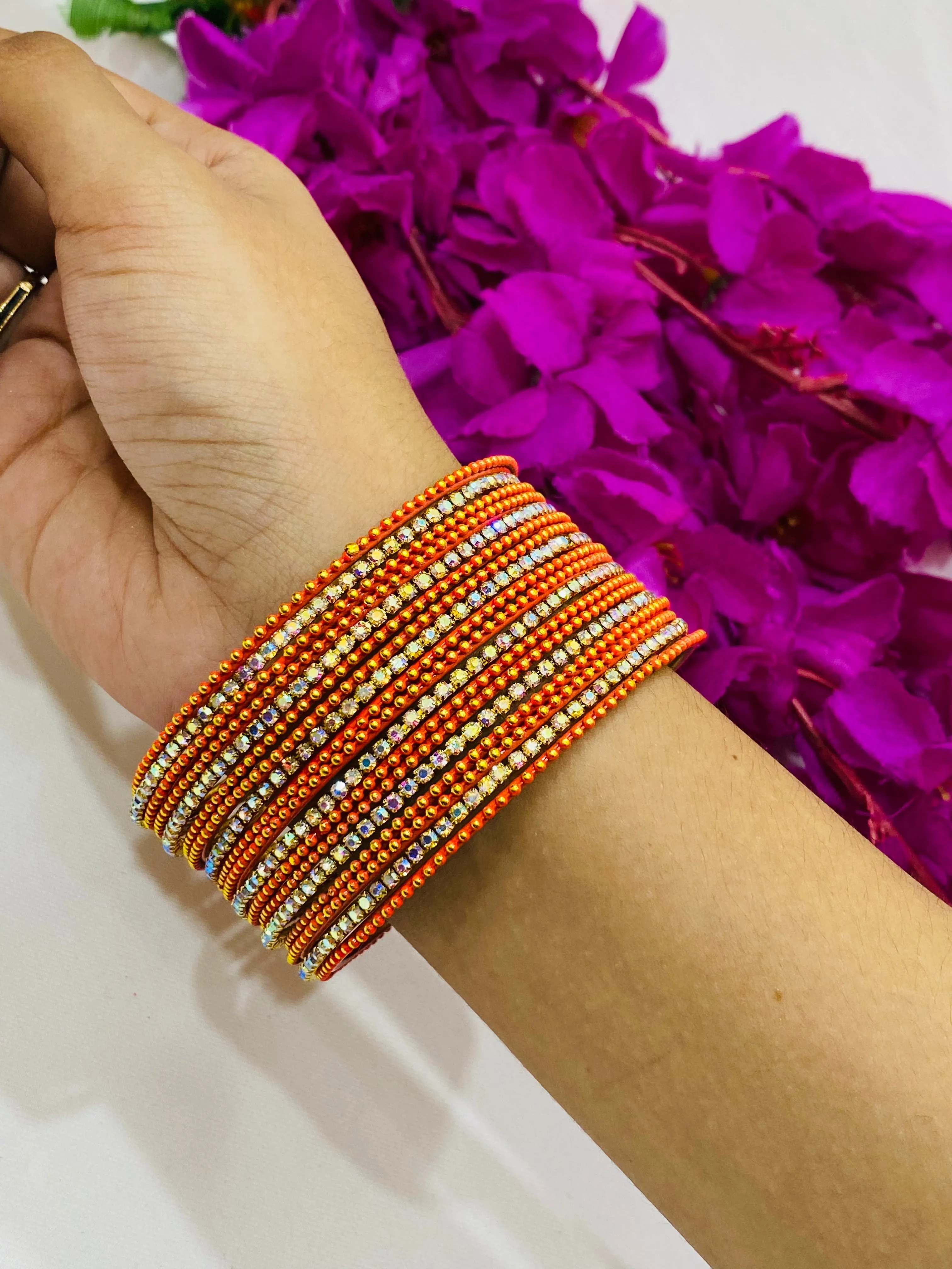 Alluring Orange Color Bangles With Flashing White Stone For Women