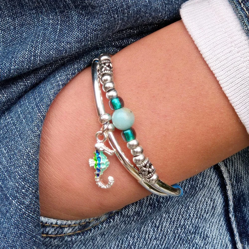 Amazonite Bracelet in Blue Leather & Silver - Aqua