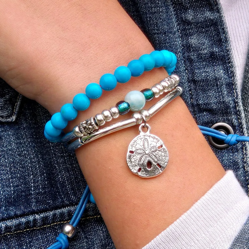 Amazonite Bracelet in Blue Leather & Silver - Aqua