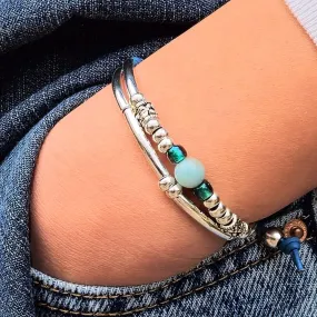 Amazonite Bracelet in Blue Leather & Silver - Aqua