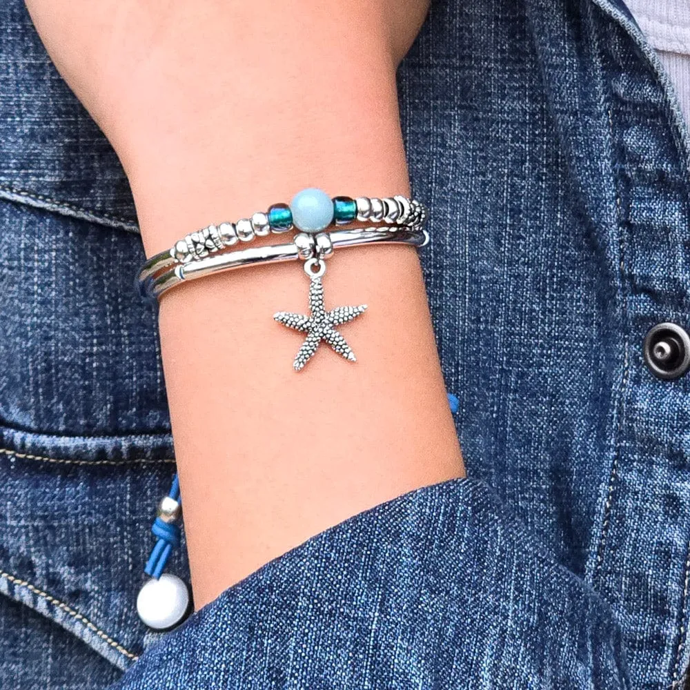 Amazonite Bracelet in Blue Leather & Silver - Aqua
