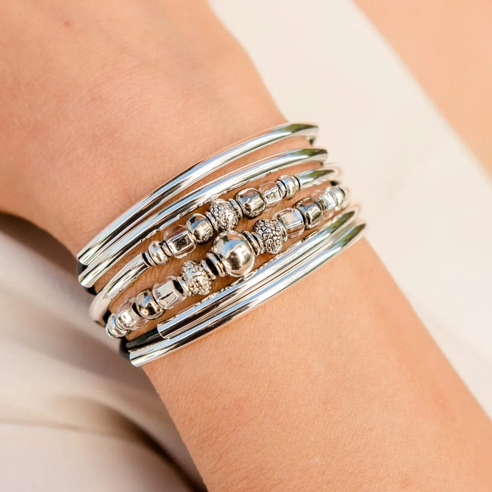 Angela Black Leather Wrap Bracelet Necklace with Silver Crescents & Beads