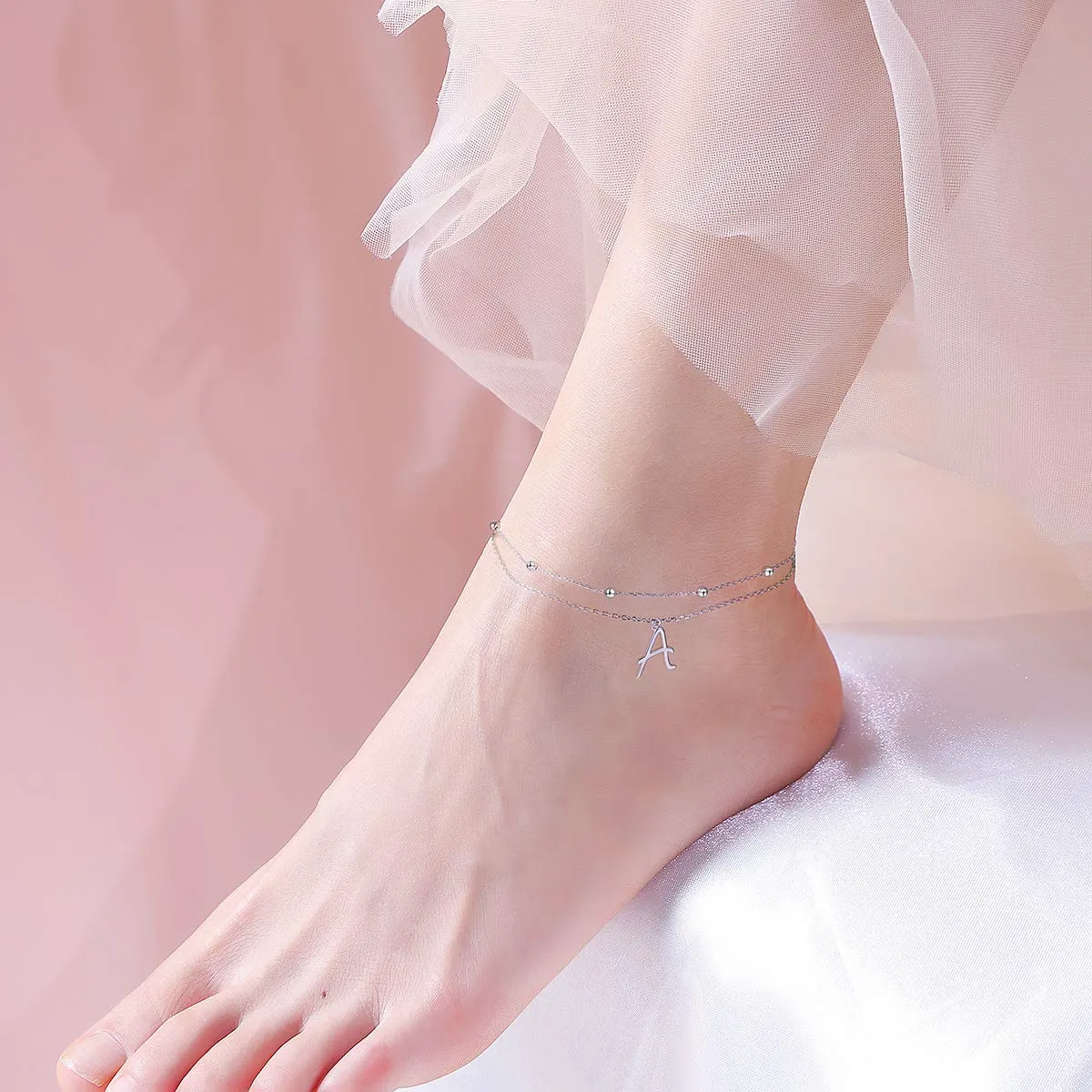 Anklet for Women S925 Sterling Silver Adjustable Foot Ankle Bracelet with Initials Anklets for Girls Initial A