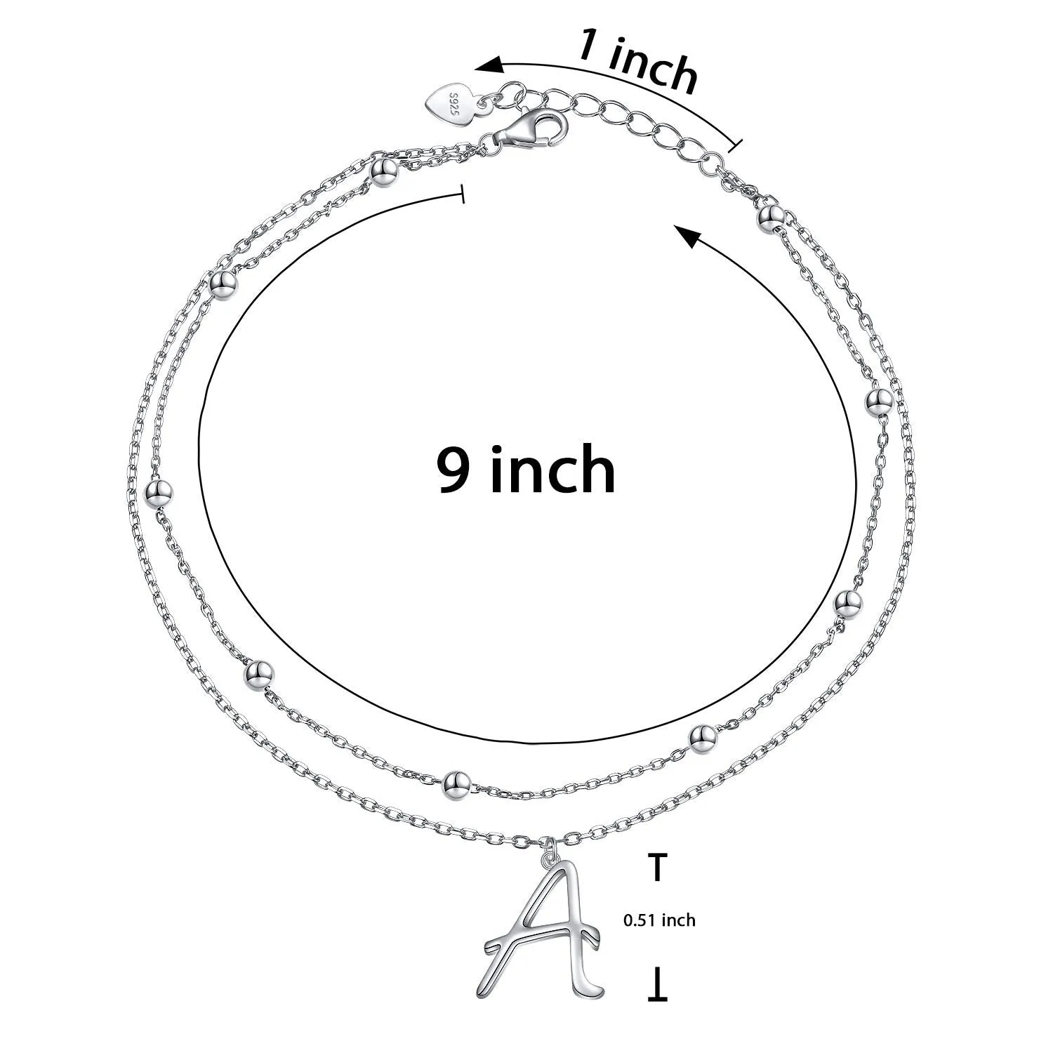 Anklet for Women S925 Sterling Silver Adjustable Foot Ankle Bracelet with Initials Anklets for Girls Initial A