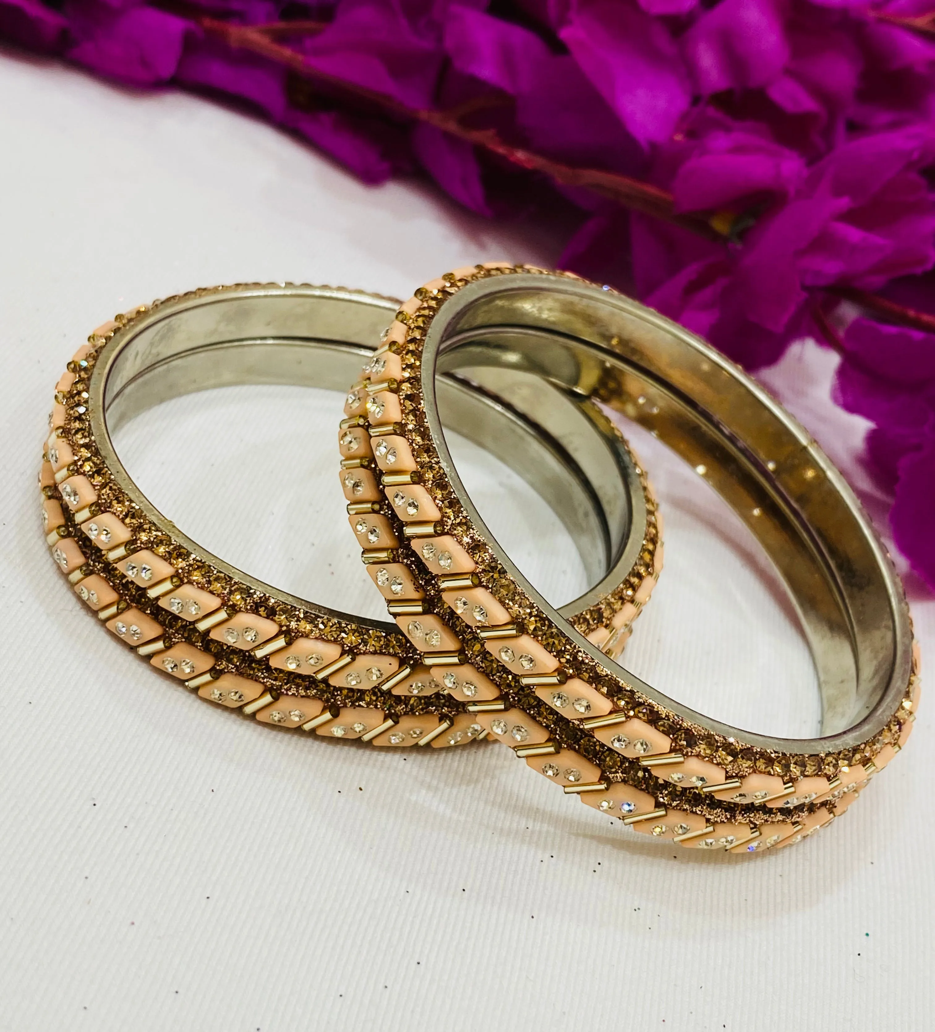 Appealing Peach Color Metal Bangles With Glitter Stone Work For Women