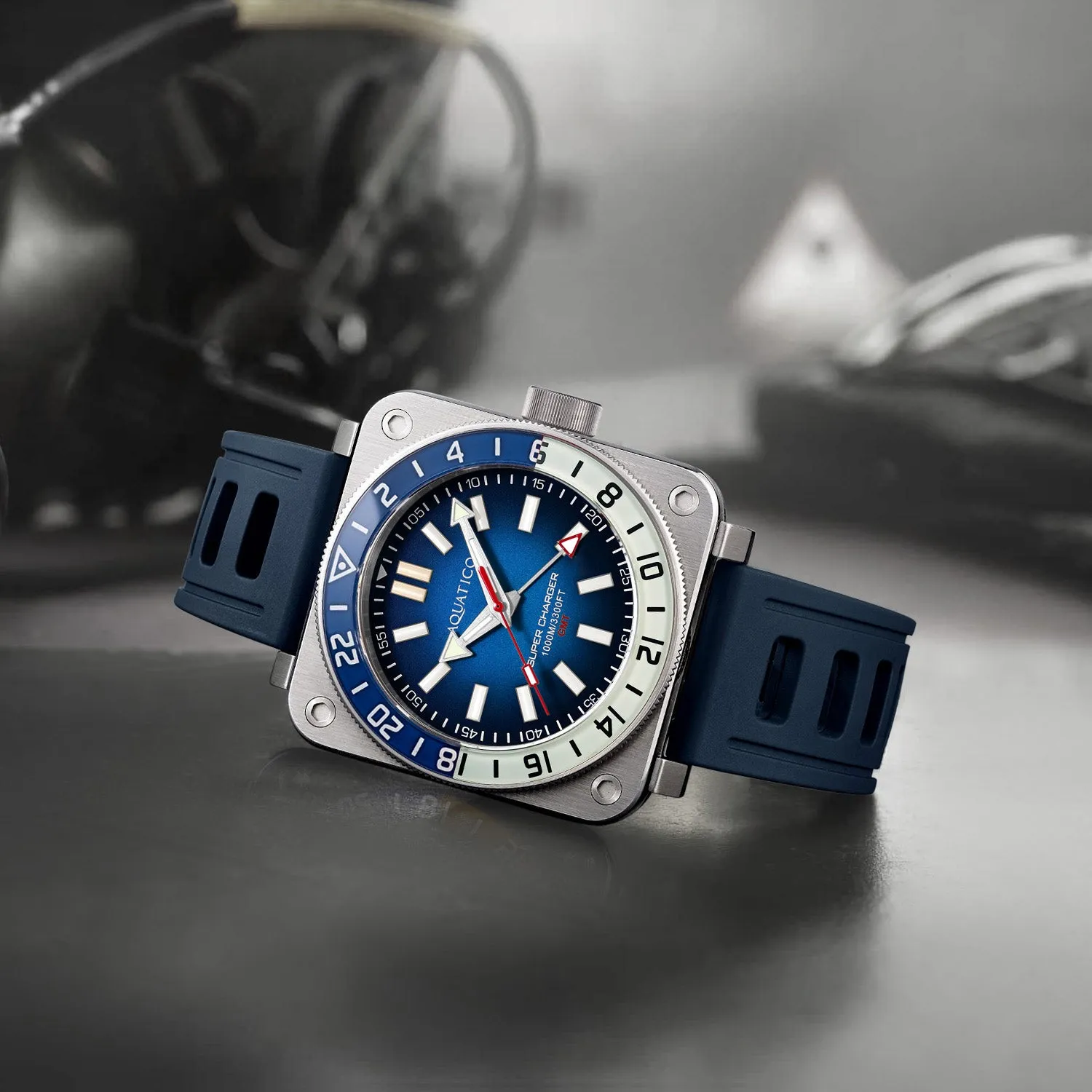 Aquatico Steel Man GMT Watch (Blue Dial Blue/White Bezel) NO DATE