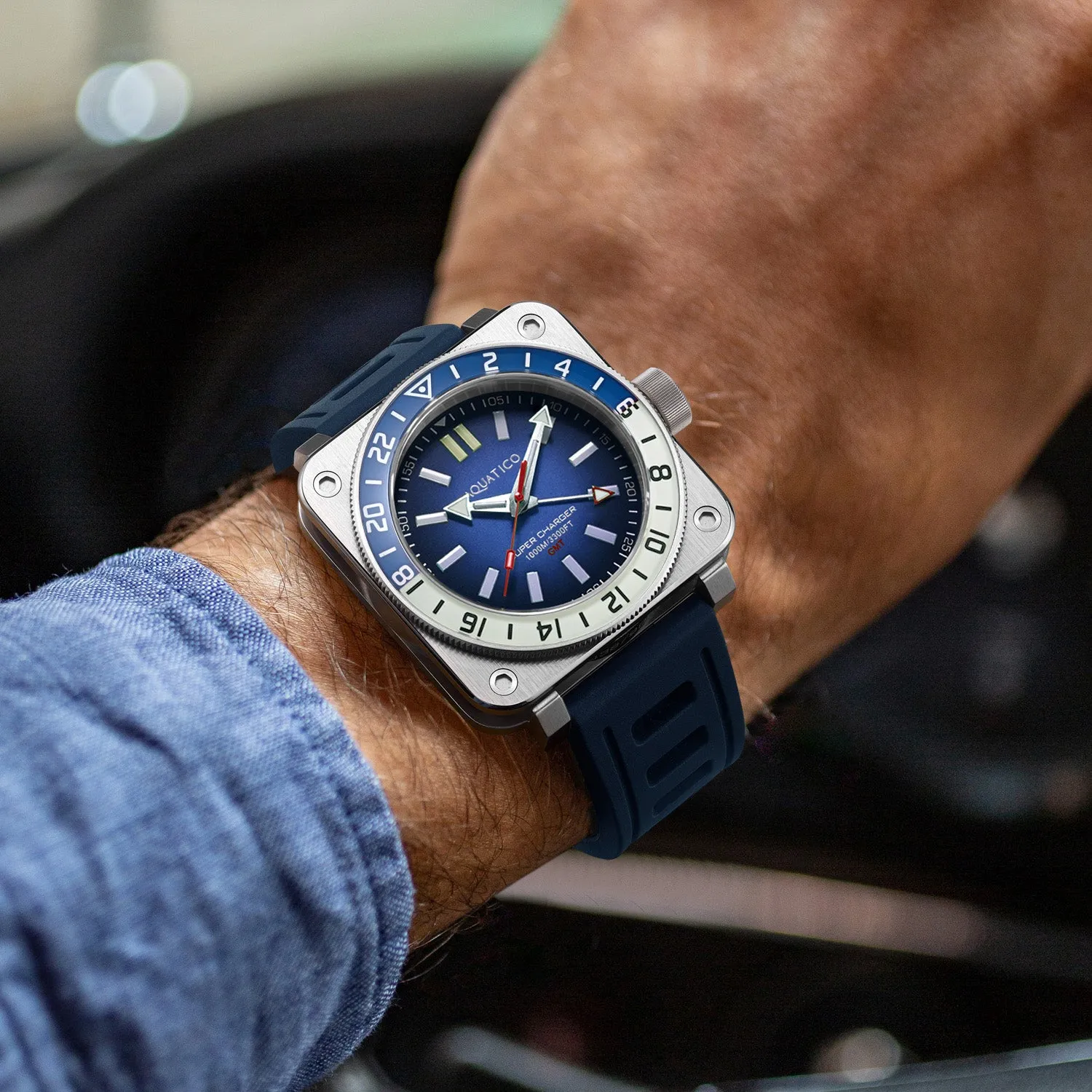 Aquatico Steel Man GMT Watch (Blue Dial Blue/White Bezel) NO DATE