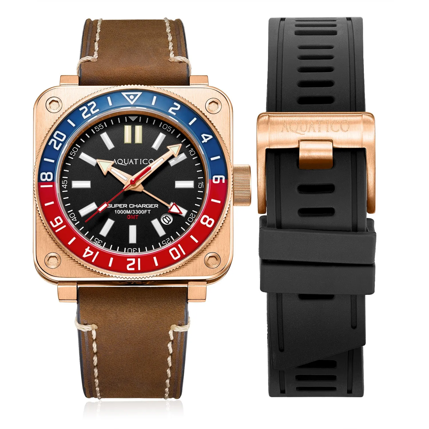 Aquatico Super Charger GMT Watch (Black Dial Pepsi Bezel)