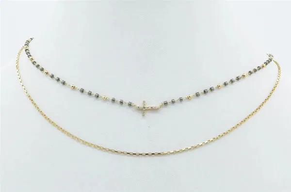 Bead & Chain Cross Necklace-Black