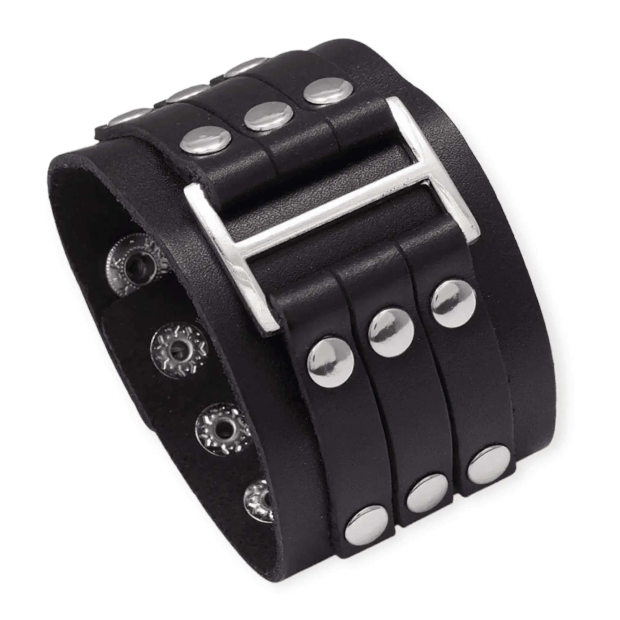 Black Leather Silver Straps Cuff Bracelet