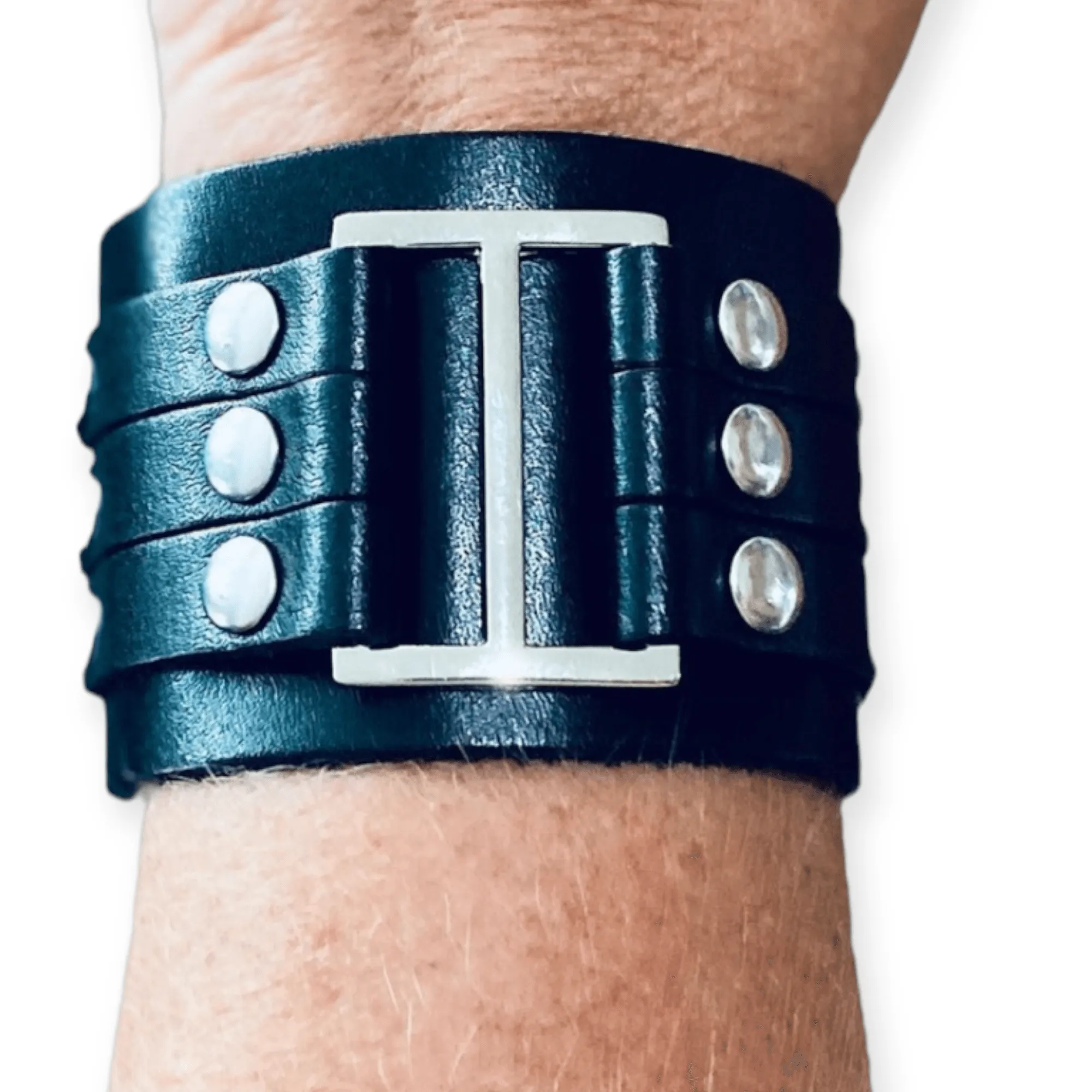 Black Leather Silver Straps Cuff Bracelet