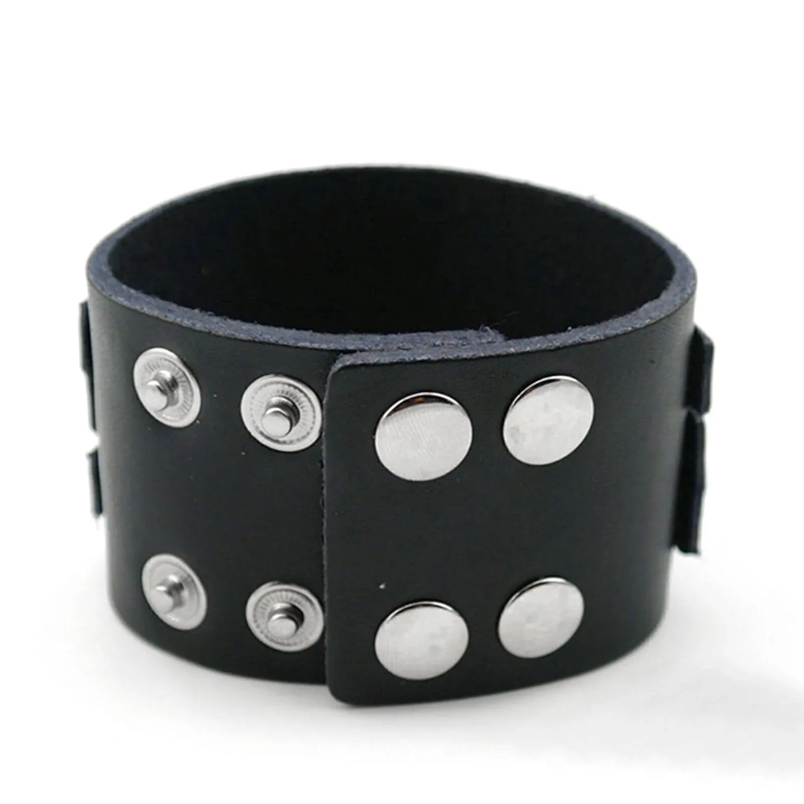 Black Leather Silver Straps Cuff Bracelet