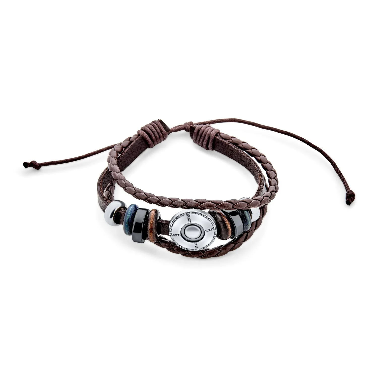 Boho Brown Leather Triple Wrap Bracelet with Wood Beads and Coin Charm for Men