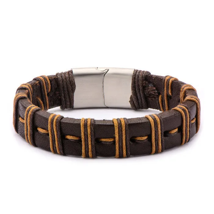 Brown Stripe Threaded Leather Bracelet w/ Steel Clasp