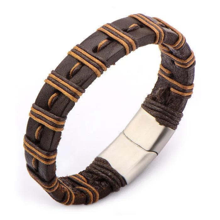 Brown Stripe Threaded Leather Bracelet w/ Steel Clasp