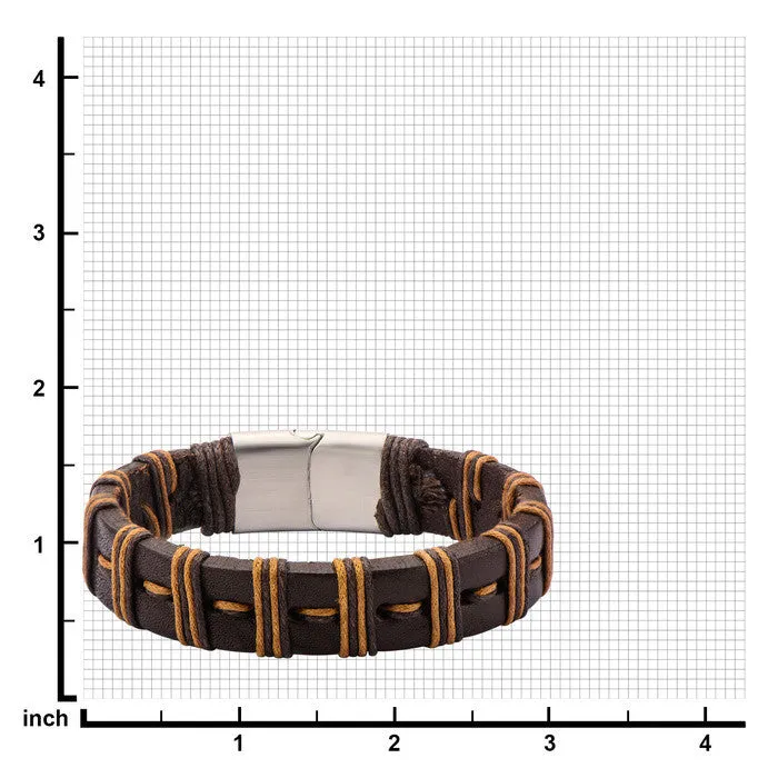 Brown Stripe Threaded Leather Bracelet w/ Steel Clasp