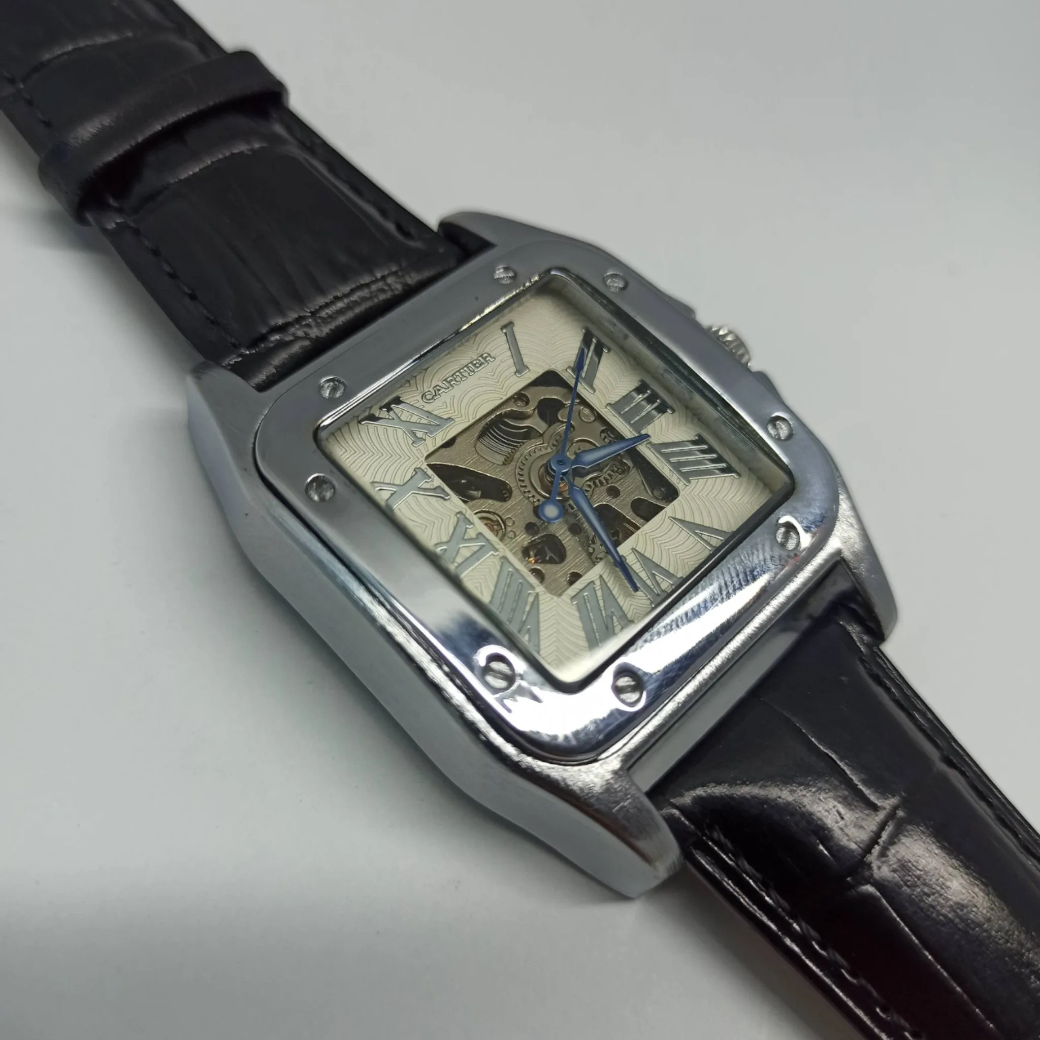 Cartier - High Quality - Automatic - Skeleton Back - Black Strap - Men's Watch