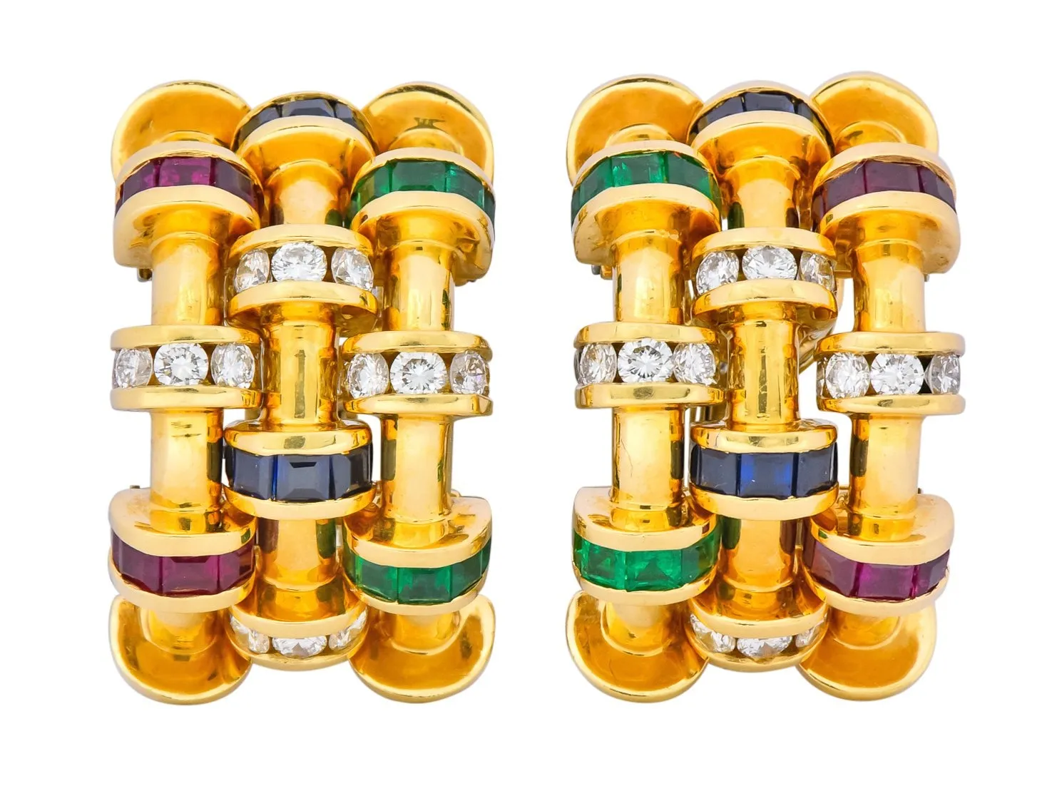 Charles Krypell 4.40 CTW Sapphire Ruby Emerald Diamond 18 Karat Gold Ear-Clip Earrings
