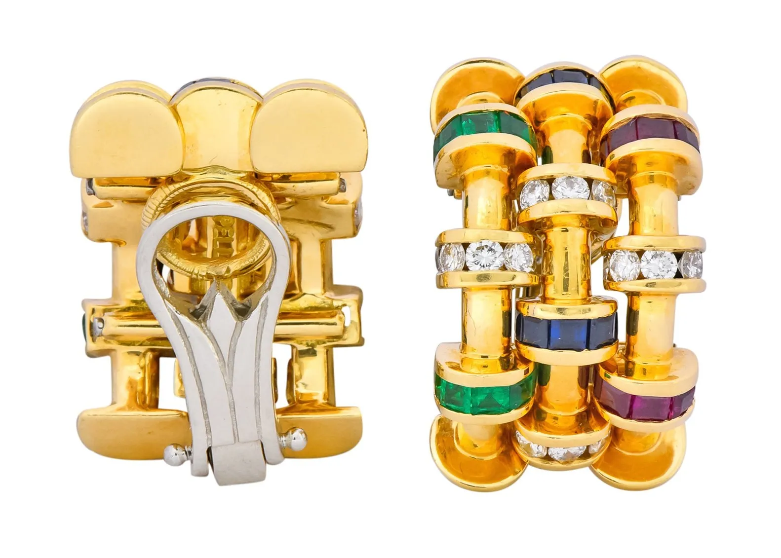 Charles Krypell 4.40 CTW Sapphire Ruby Emerald Diamond 18 Karat Gold Ear-Clip Earrings