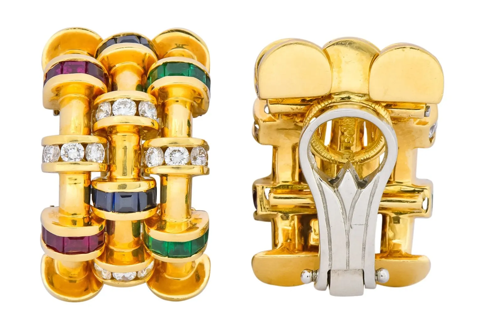 Charles Krypell 4.40 CTW Sapphire Ruby Emerald Diamond 18 Karat Gold Ear-Clip Earrings