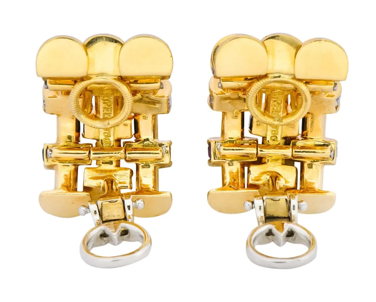 Charles Krypell 4.40 CTW Sapphire Ruby Emerald Diamond 18 Karat Gold Ear-Clip Earrings