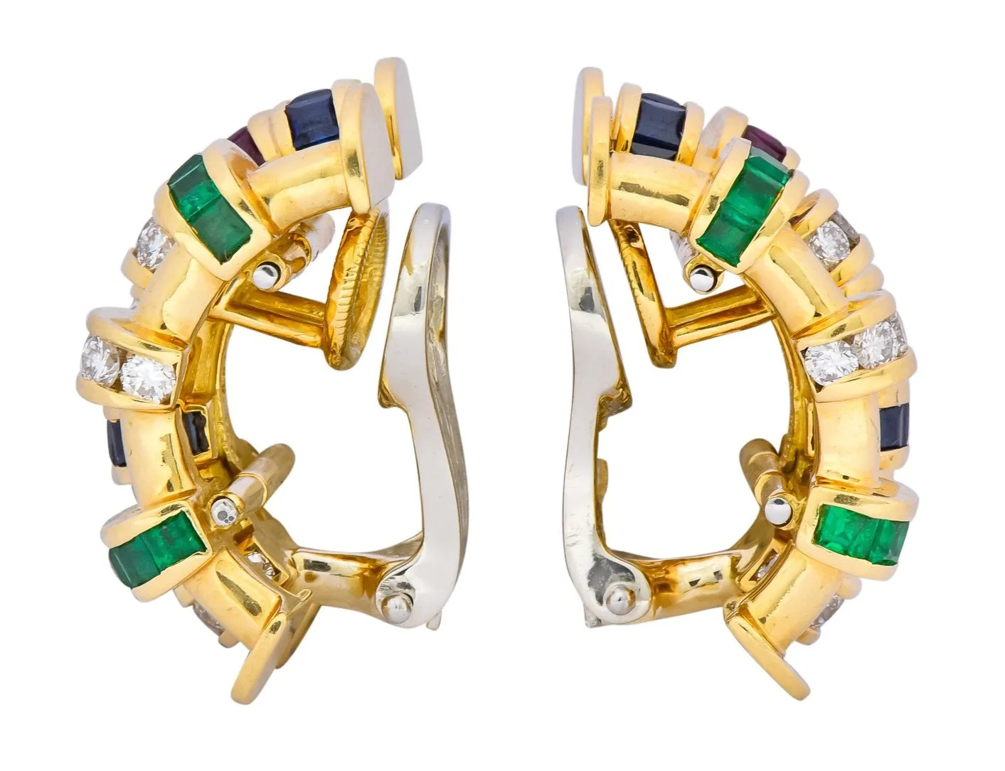 Charles Krypell 4.40 CTW Sapphire Ruby Emerald Diamond 18 Karat Gold Ear-Clip Earrings