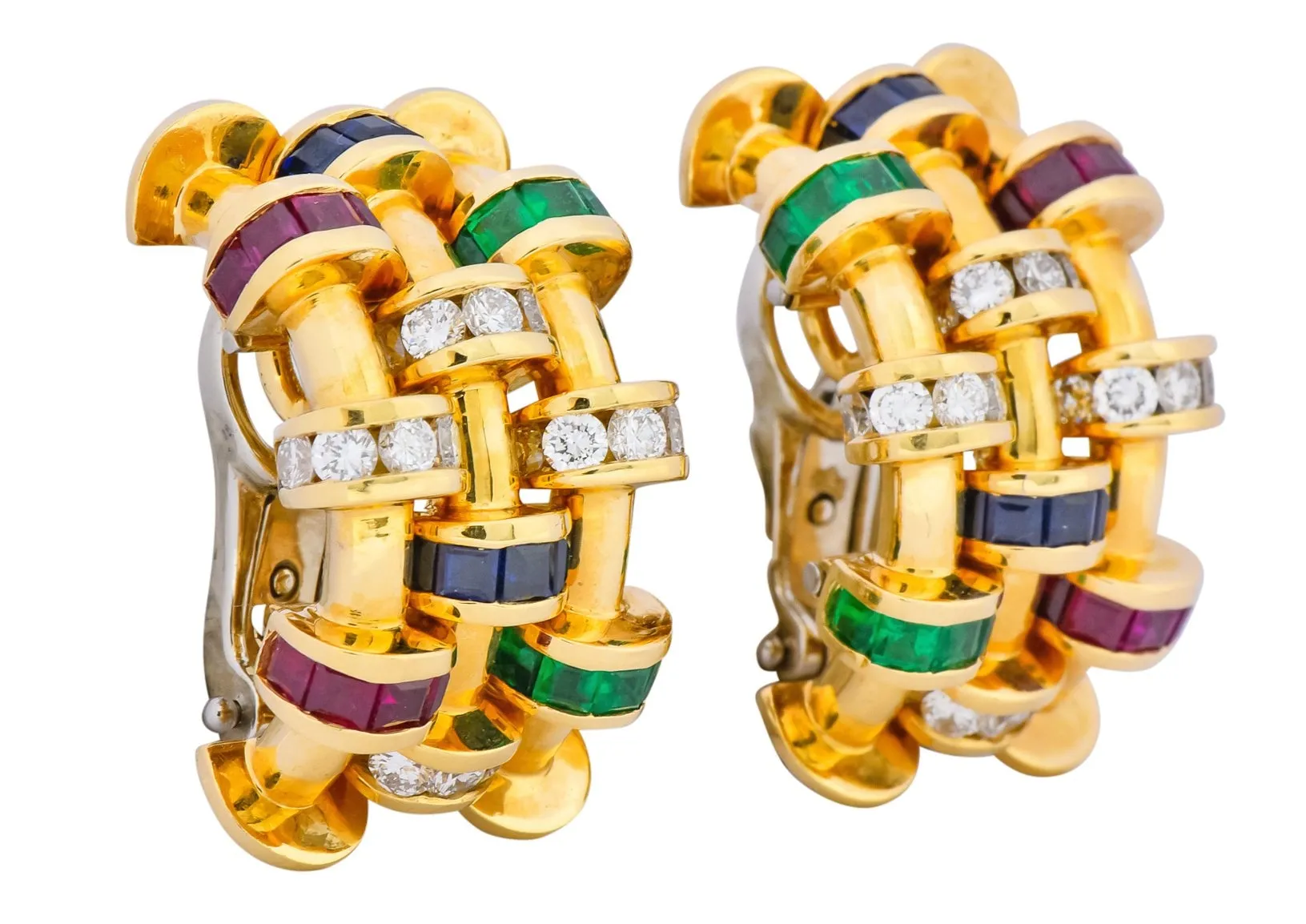 Charles Krypell 4.40 CTW Sapphire Ruby Emerald Diamond 18 Karat Gold Ear-Clip Earrings