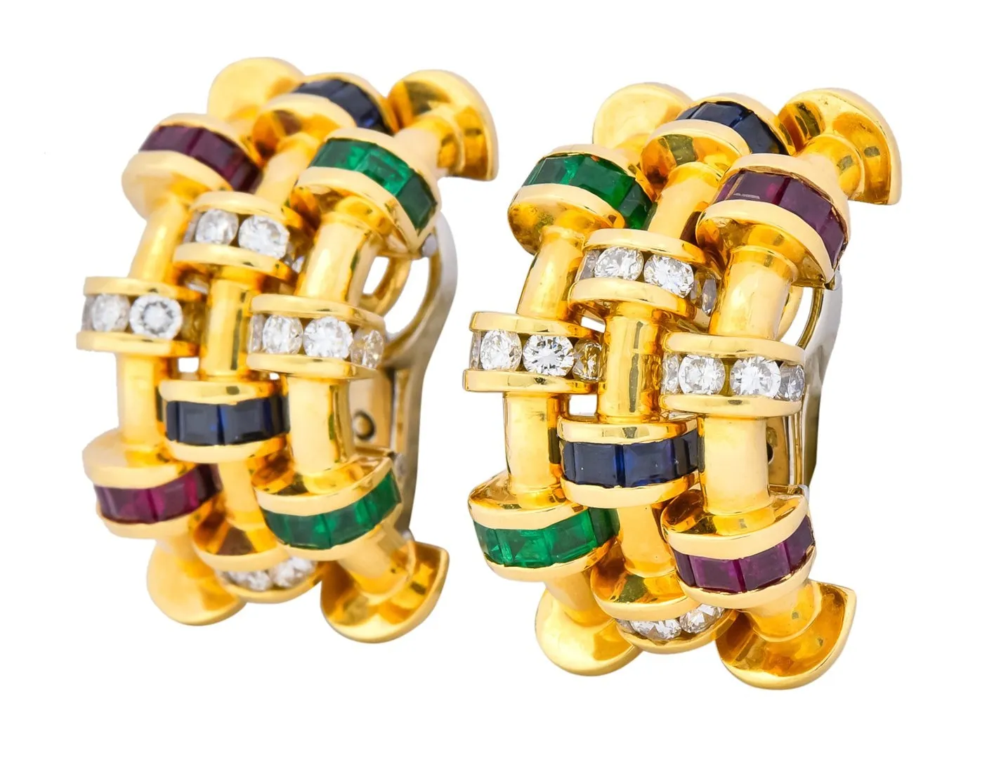 Charles Krypell 4.40 CTW Sapphire Ruby Emerald Diamond 18 Karat Gold Ear-Clip Earrings
