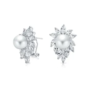 Classic Vintage Halo Leaf CZ Stud Earrings with Marquise Simulated Pearl Silver