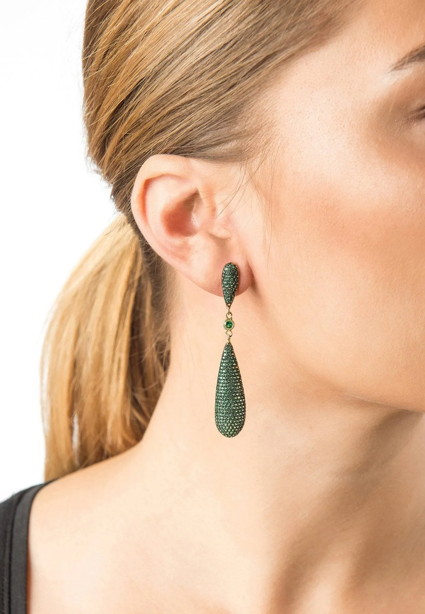 Coco Long Drop Earrings in Emerald Green Gold
