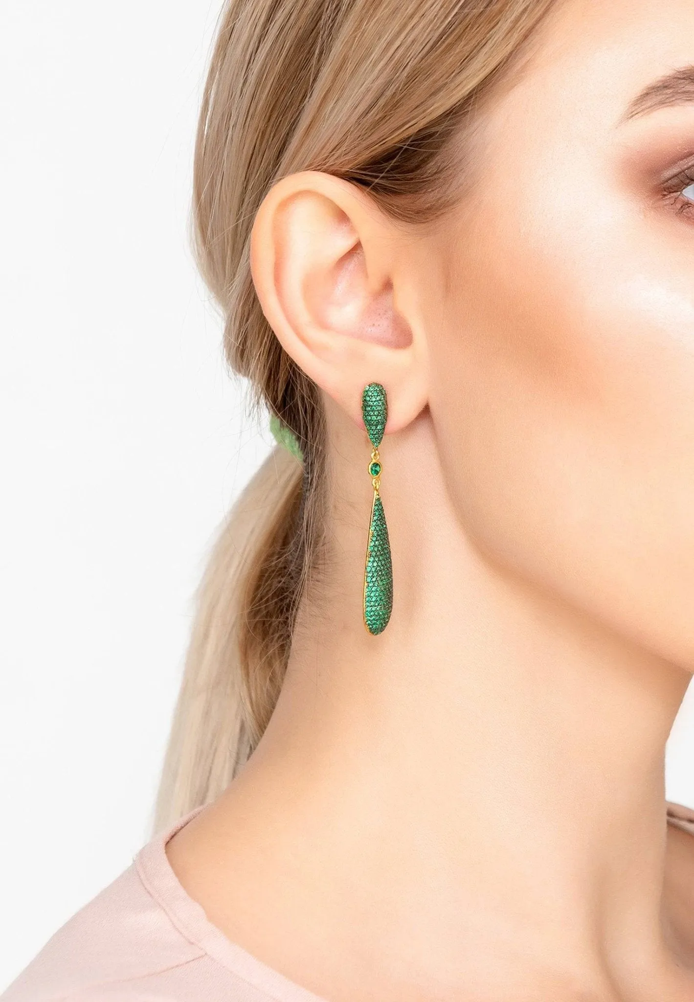 Coco Long Drop Earrings in Emerald Green Gold