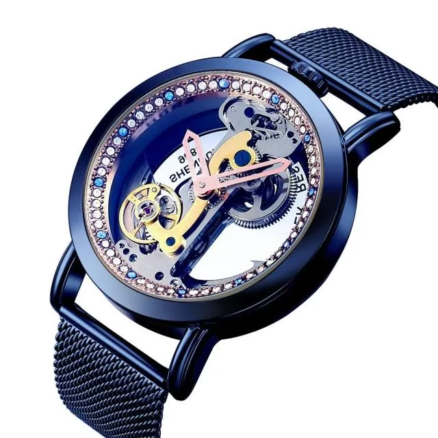 Creative Automatic Mechanical Watch Tourbillon Watches Transparent Diamonds Men Luxury Skeleton Self Winding Steel Mesh Clocks