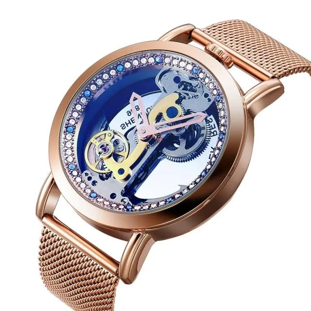 Creative Automatic Mechanical Watch Tourbillon Watches Transparent Diamonds Men Luxury Skeleton Self Winding Steel Mesh Clocks