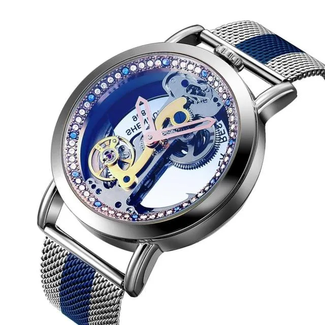 Creative Automatic Mechanical Watch Tourbillon Watches Transparent Diamonds Men Luxury Skeleton Self Winding Steel Mesh Clocks
