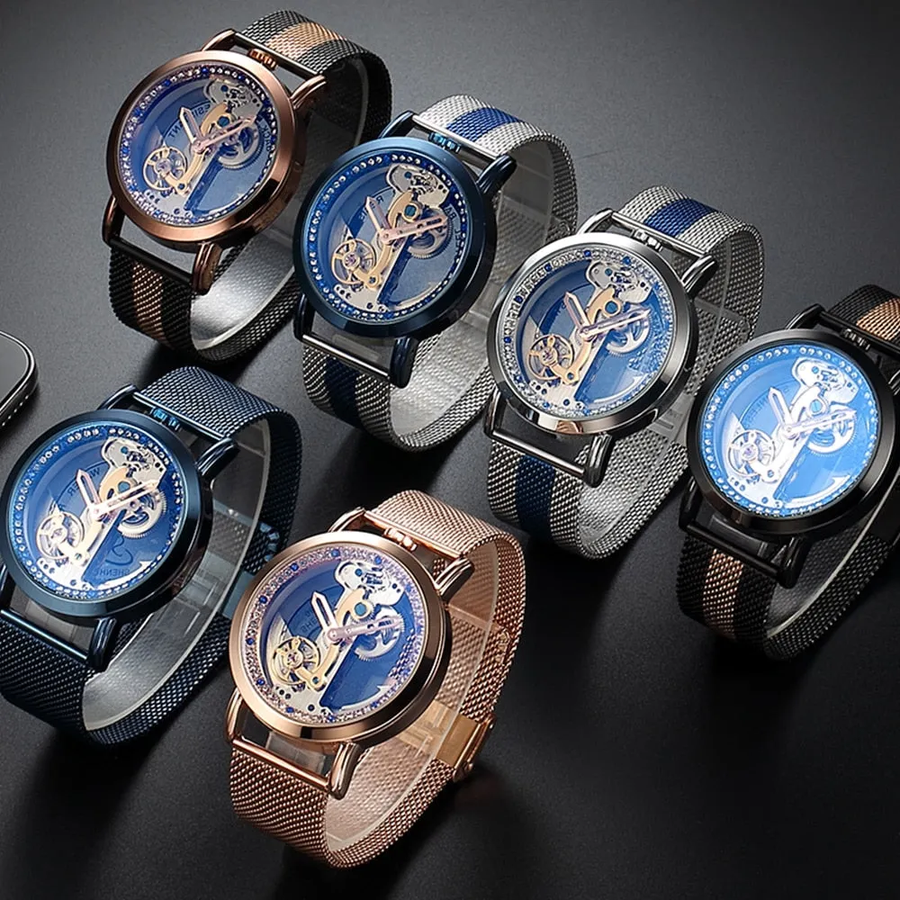 Creative Automatic Mechanical Watch Tourbillon Watches Transparent Diamonds Men Luxury Skeleton Self Winding Steel Mesh Clocks