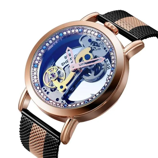 Creative Automatic Mechanical Watch Tourbillon Watches Transparent Diamonds Men Luxury Skeleton Self Winding Steel Mesh Clocks